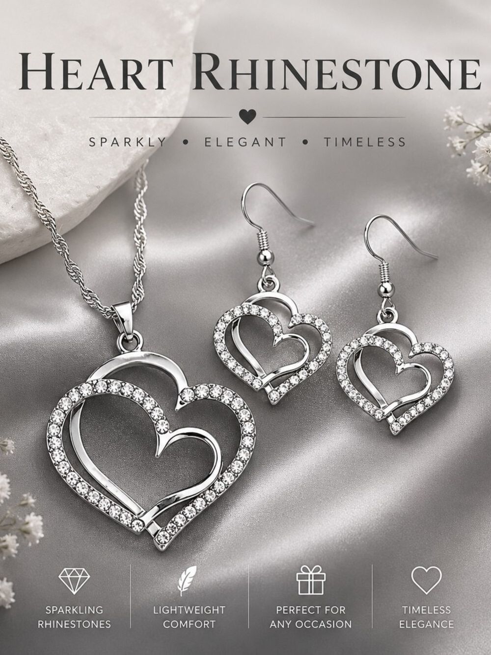 Heart Necklace Earrings Set Silver Rhinestone